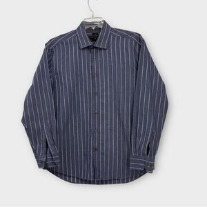 James Tattersall Button Down Shirt in Blue Stripe Slim Fit Non Iron 17.5 34/35